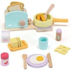 Dinette Set Petit Déjeuner Coloré Girly Avec Plaque, Grille Pains Et Aliments Sevi 1831® - Jouet En Bois
